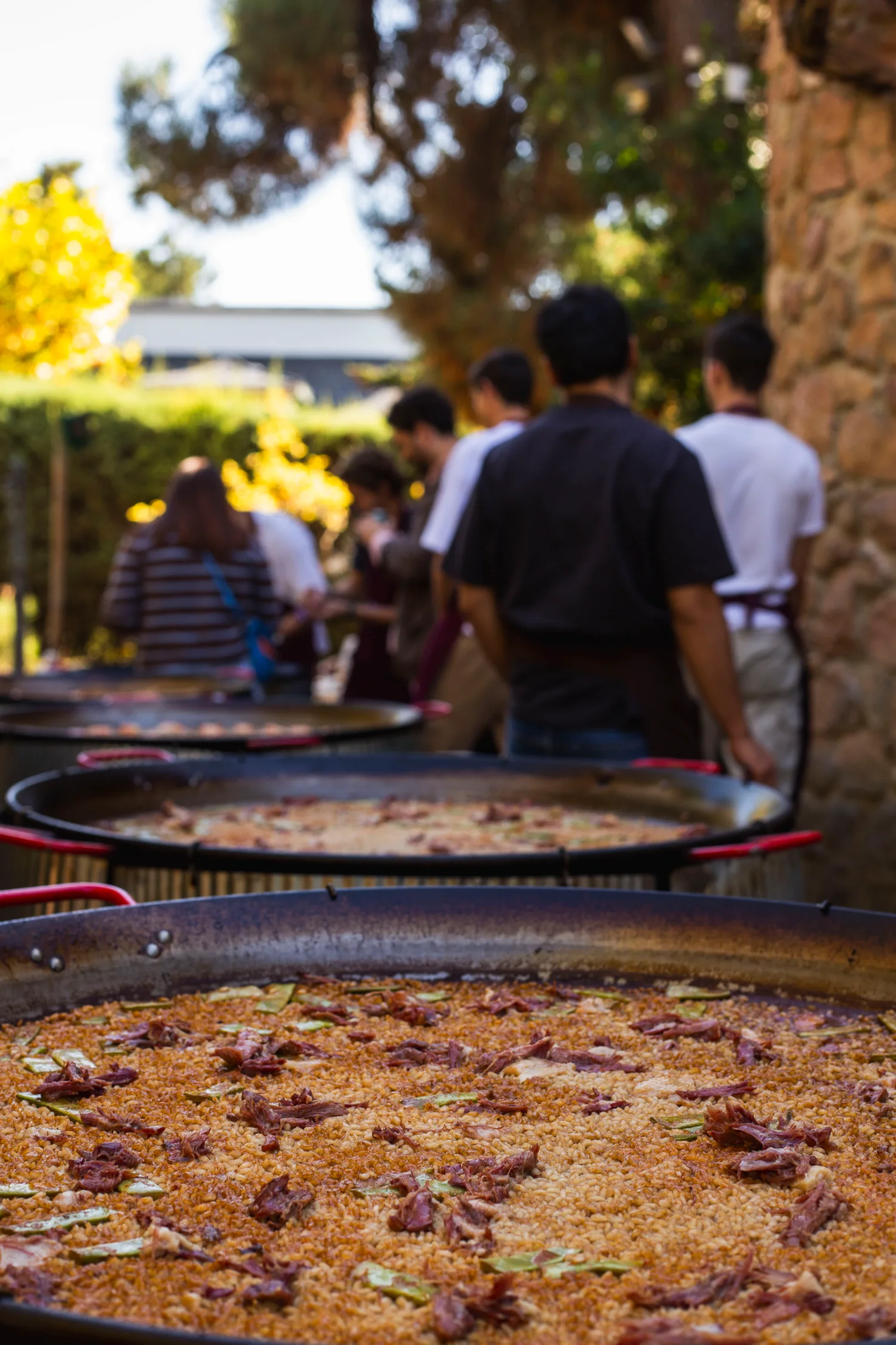 Fila de paelleras cocinándose en un evento