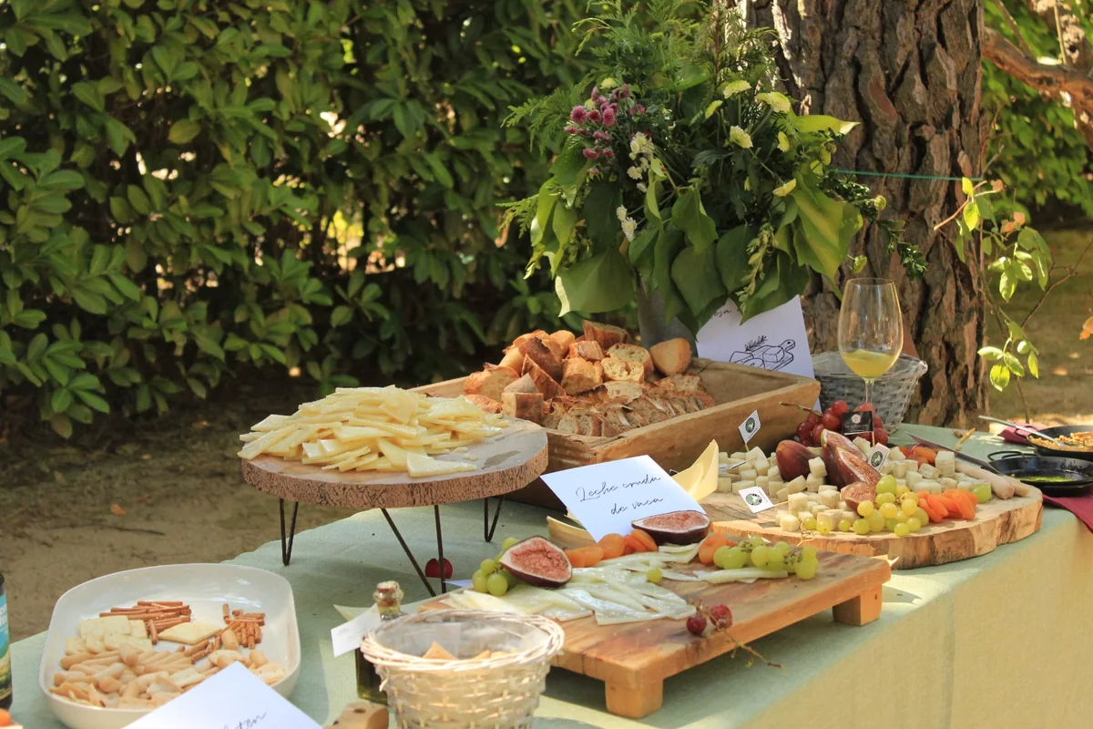 Mesa de Quesos al aire libre con tablas de madera, higos, uvas, pan, una copa de vino blanco y un cartel con el nombre de cada queso