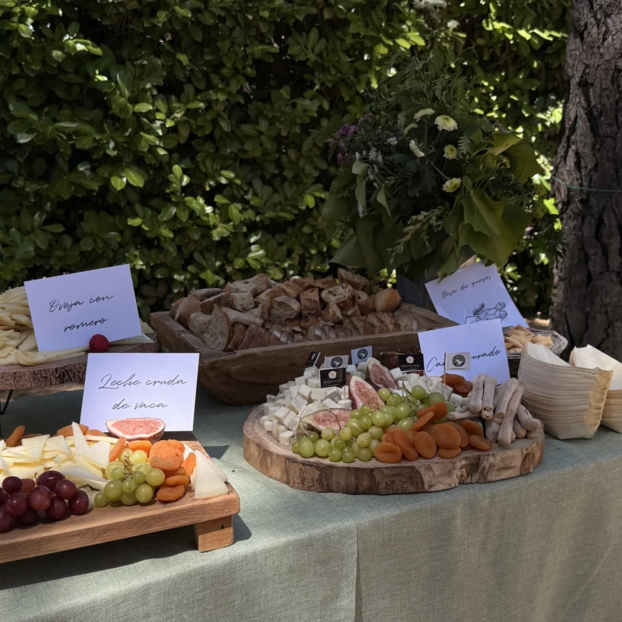 Mesa de Quesos junto a un seto: tablas de queso con uvas, higos y orejones, pan de pueblo y un cartel con el nombre de cada queso